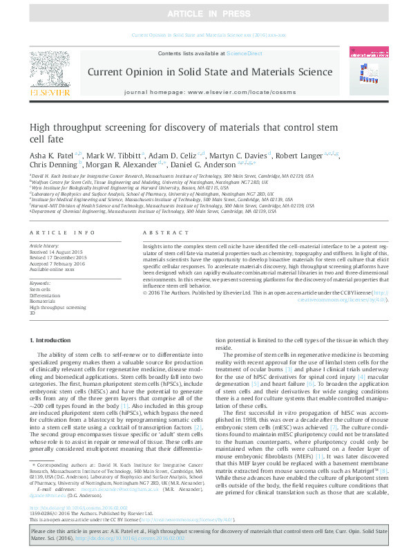 High throughput screening for discovery of materials that control stem cell fate Thumbnail