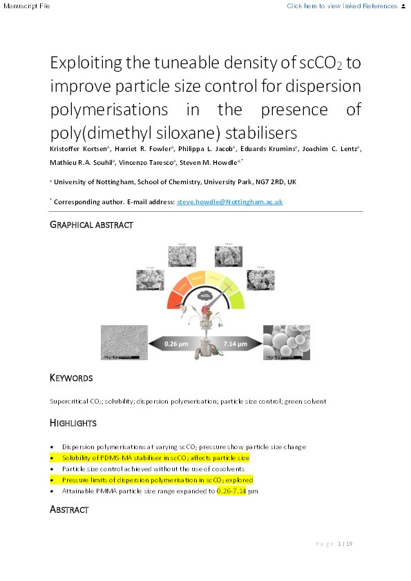 Exploiting the tuneable density of scCO2 to improve particle size control for dispersion polymerisations in the presence of poly(dimethyl siloxane) stabilisers Thumbnail
