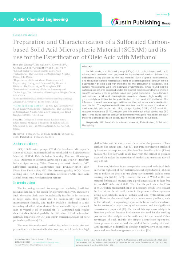 Preparation and characterization of a sulfonated carbon-based solid acid microspheric material (SCSAM) and its use for the esterification of oleic acid with methanol Thumbnail