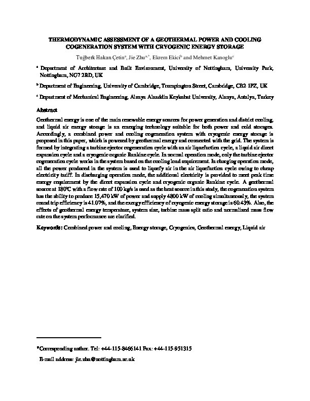 Thermodynamic assessment of a geothermal power and cooling cogeneration system with cryogenic energy storage Thumbnail