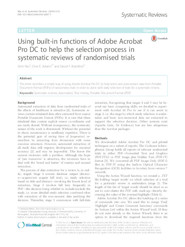 Using built-in functions of Adobe Acrobat Pro DC to help the selection process in systematic review of randomized trials Thumbnail