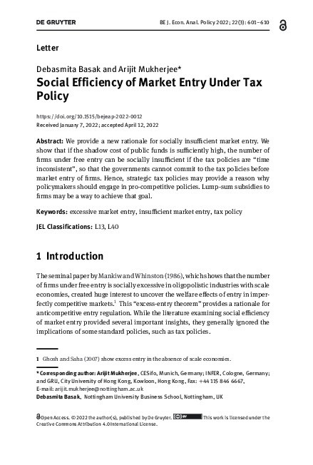 Social Efficiency of Market Entry Under Tax Policy Thumbnail
