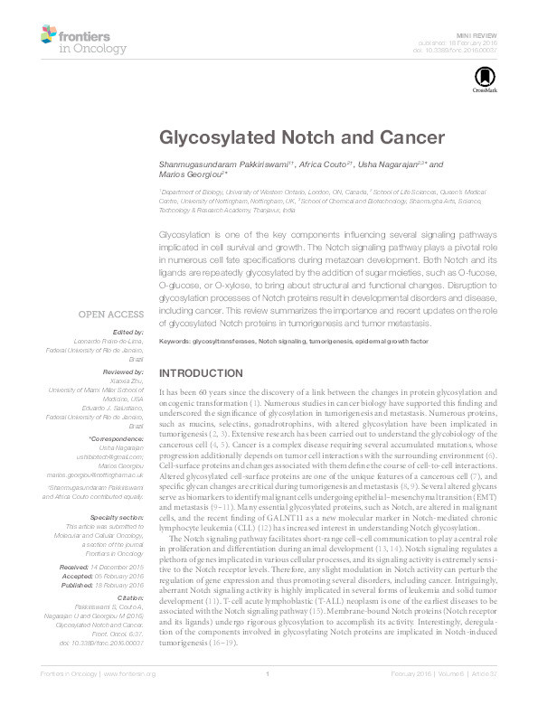 Glycosylated notch and cancer Thumbnail