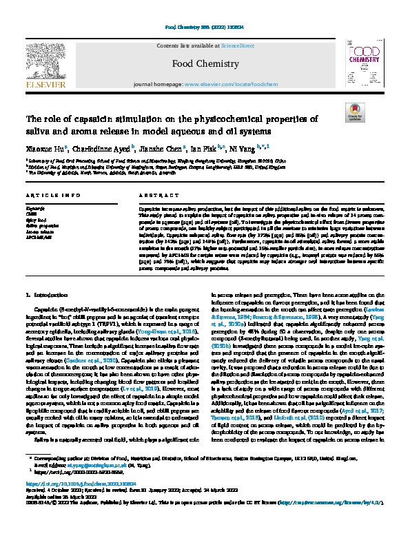 The role of capsaicin stimulation on the physicochemical properties of saliva and aroma release in model aqueous and oil systems Thumbnail