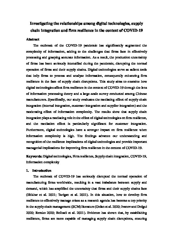 Investigating the relationship between digital technologies, supply chain integration and firm resilience in the context of COVID-19 Thumbnail