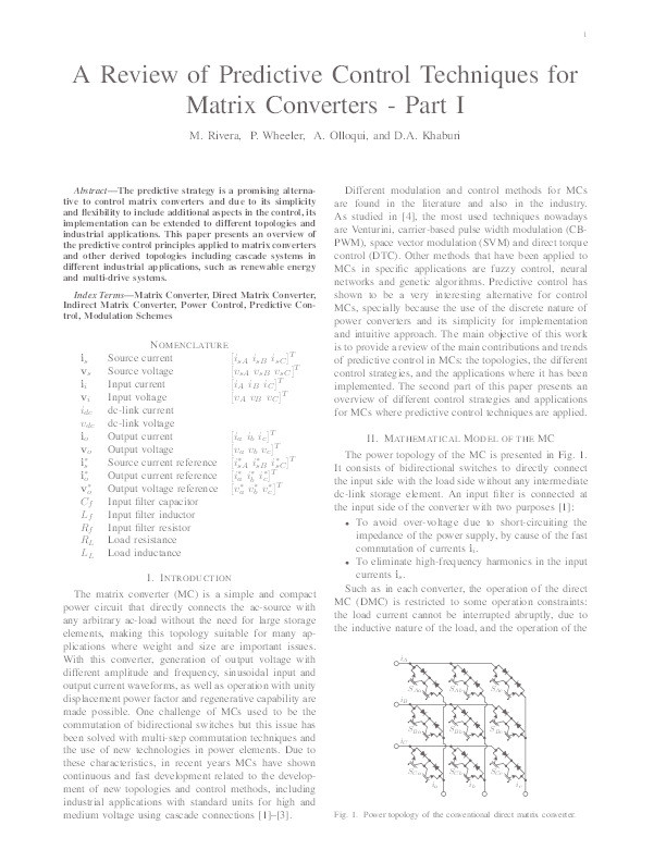 A review of predictive control techniques for matrix converters: part I Thumbnail