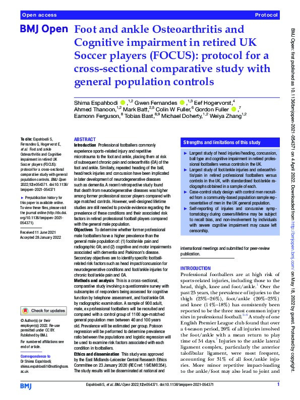 Foot and ankle Osteoarthritis and Cognitive impairment in retired UK Soccer players (FOCUS): protocol for a cross-sectional comparative study with general population controls Thumbnail