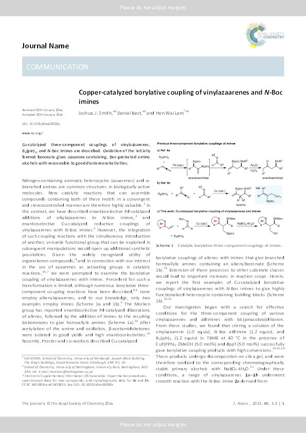 Copper-catalyzed borylative coupling of vinylazaarenes and N-Boc imines Thumbnail