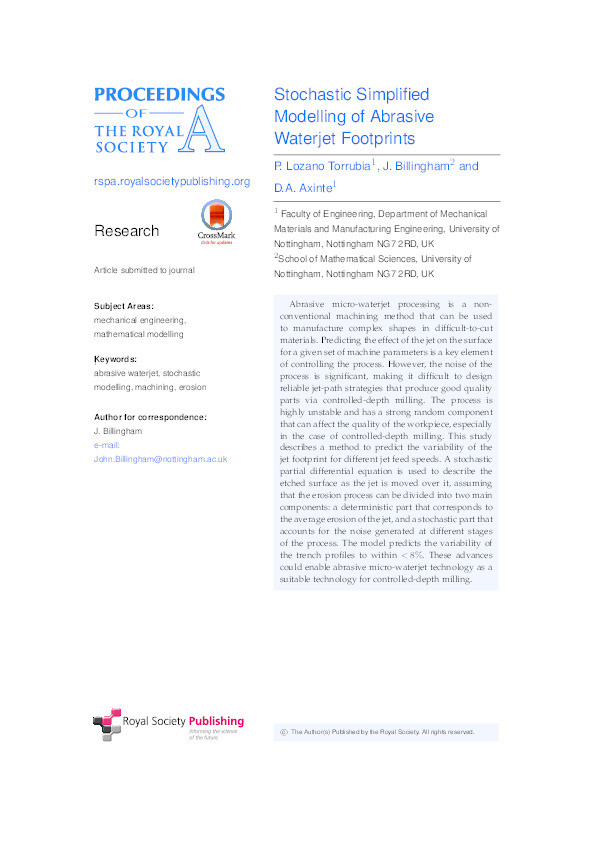 Stochastic simplified modelling of abrasive waterjet footprints Thumbnail