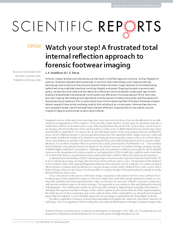 Watch your step!: a frustrated total internal reflection approach to forensic footwear imaging Thumbnail