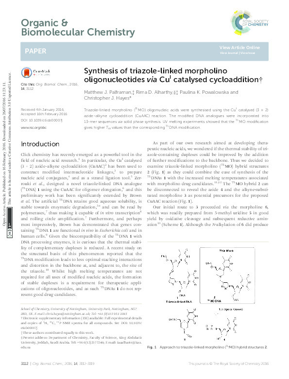 Synthesis of triazole-linked morpholino oligonucleotides via Cu1 catalysed cycloaddition Thumbnail