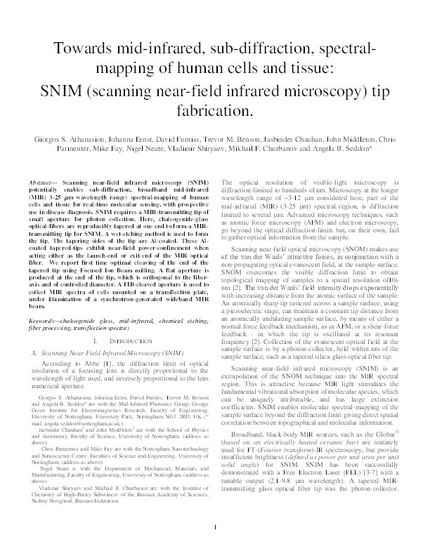 Toward Mid-Infrared, Subdiffraction, Spectral-Mapping of Human Cells and Tissue: SNIM (Scanning Near-Field Infrared Microscopy) Tip Fabrication Thumbnail