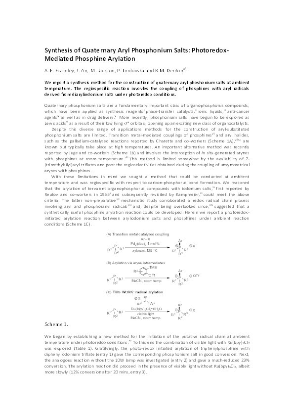 Synthesis of quaternary aryl phosphonium salts: photoredox-mediated phosphine arylation Thumbnail