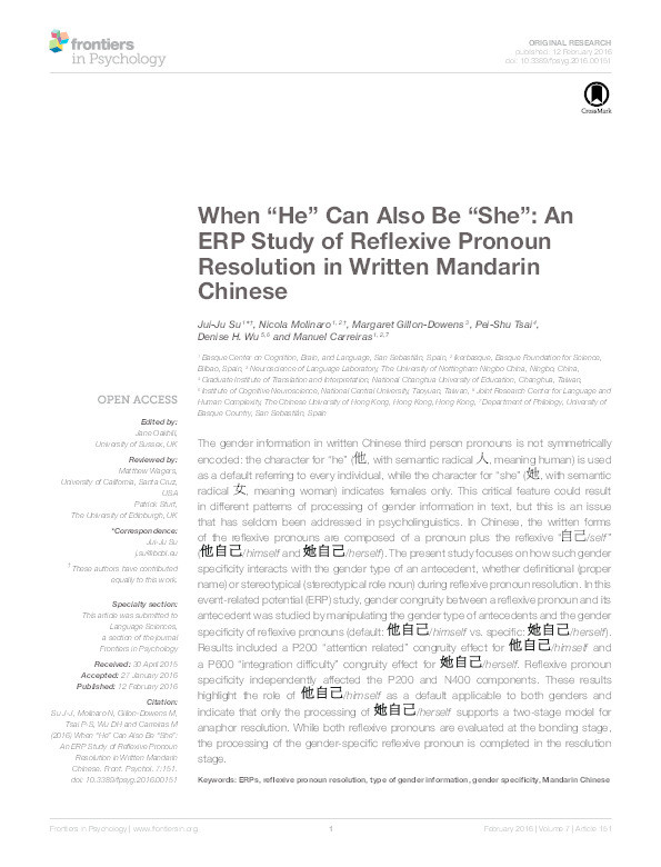 When “He” can also be “She”: an ERP study of reflexive pronoun resolution in written mandarin Chinese Thumbnail