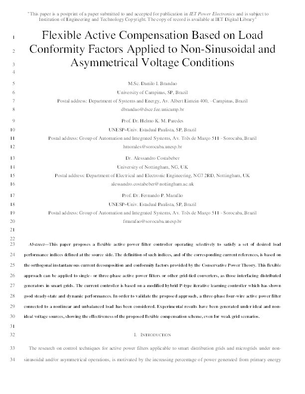 Flexible active compensation based on load conformity factors applied to non-sinusoidal and asymmetrical voltage conditions Thumbnail