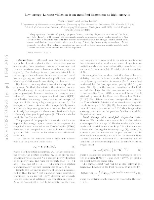 Low energy Lorentz violation from modified dispersion at high energies Thumbnail