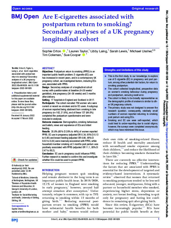 Are E-cigarettes associated with postpartum return to smoking? Secondary analyses of a UK pregnancy longitudinal cohort Thumbnail