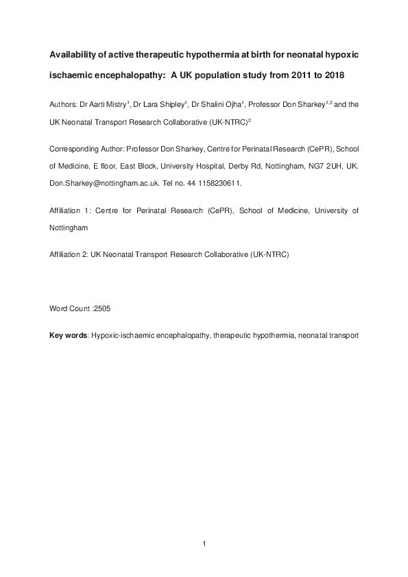 Availability of active therapeutic hypothermia at birth for neonatal hypoxic ischaemic encephalopathy: a UK population study from 2011 to 2018 Thumbnail