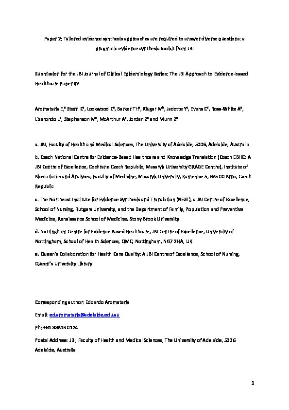 JBI series paper 2: tailored evidence synthesis approaches are required to answer diverse questions: a pragmatic evidence synthesis toolkit from JBI Thumbnail