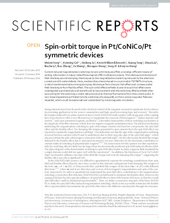 Spin-orbit torque in Pt/CoNiCo/Pt symmetric devices Thumbnail