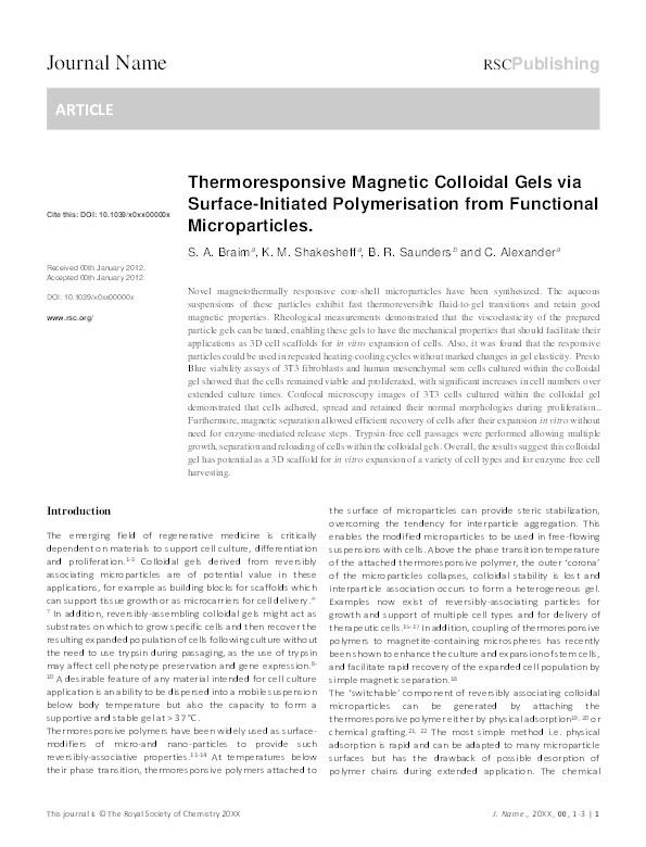 Thermoresponsive magnetic colloidal gels via surface-initiated polymerisation from functional microparticles Thumbnail