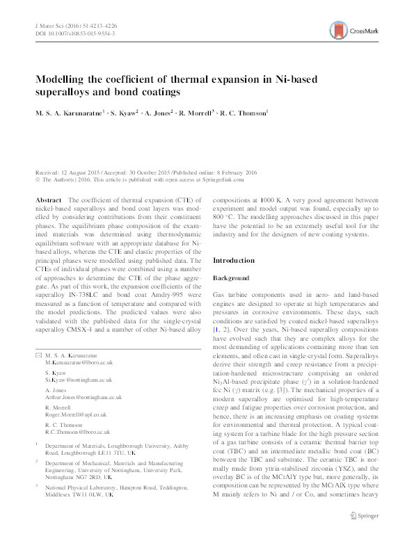Modelling the coefficient of thermal expansion in Ni-based superalloys and bond coatings Thumbnail