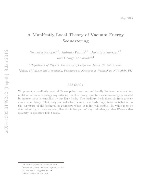 Manifestly Local Theory of Vacuum Energy Sequestering Thumbnail