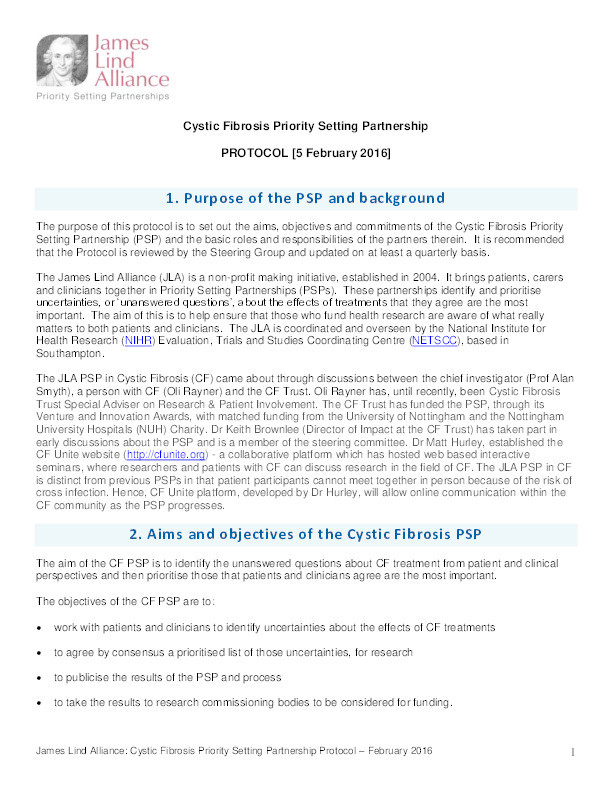 Cystic Fibrosis James Lind Alliance Priority Setting Partnership PROTOCOL [5 February 2016] Thumbnail