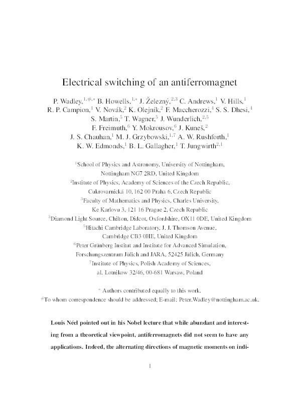 Electrical switching of an antiferromagnet Thumbnail