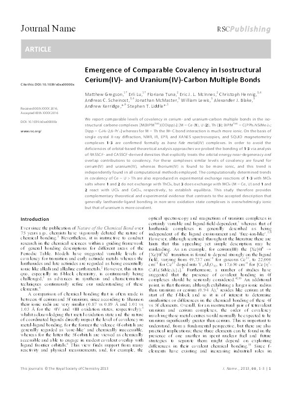 Emergence of comparable covalency in isostructural cerium(IV)- and uranium(IV)-carbon multiple bonds Thumbnail