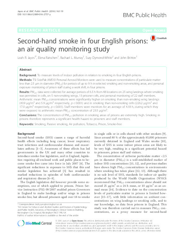 Second-hand smoke in four English prisons: an air quality monitoring study Thumbnail