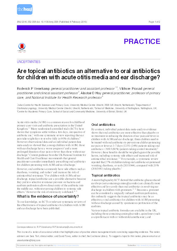 Are topical antibiotics an alternative to oral antibiotics for children with acute otitis media and ear discharge? Thumbnail