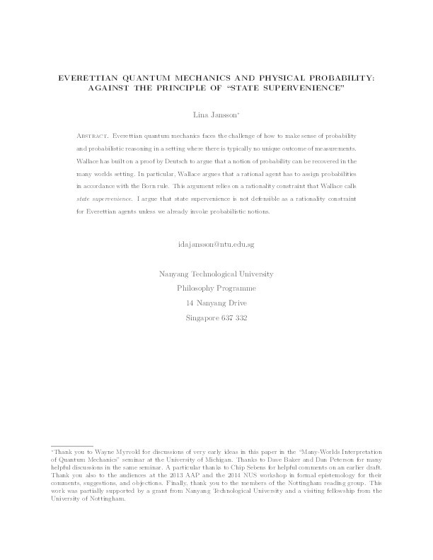 Everettian quantum mechanics and physical probability: Against the principle of “State Supervenience” Thumbnail