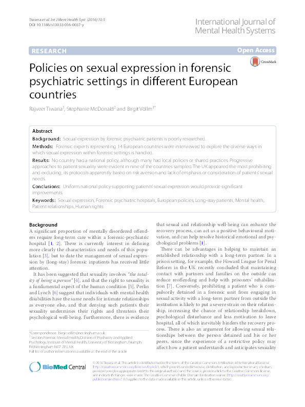 Policies on sexual expression in forensic psychiatric settings in different European countries Thumbnail
