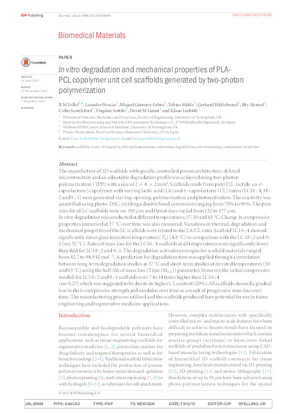 In vitro degradation and mechanical properties of PLA-PCL copolymer unit cell scaffolds generated by two-photon polymerization Thumbnail