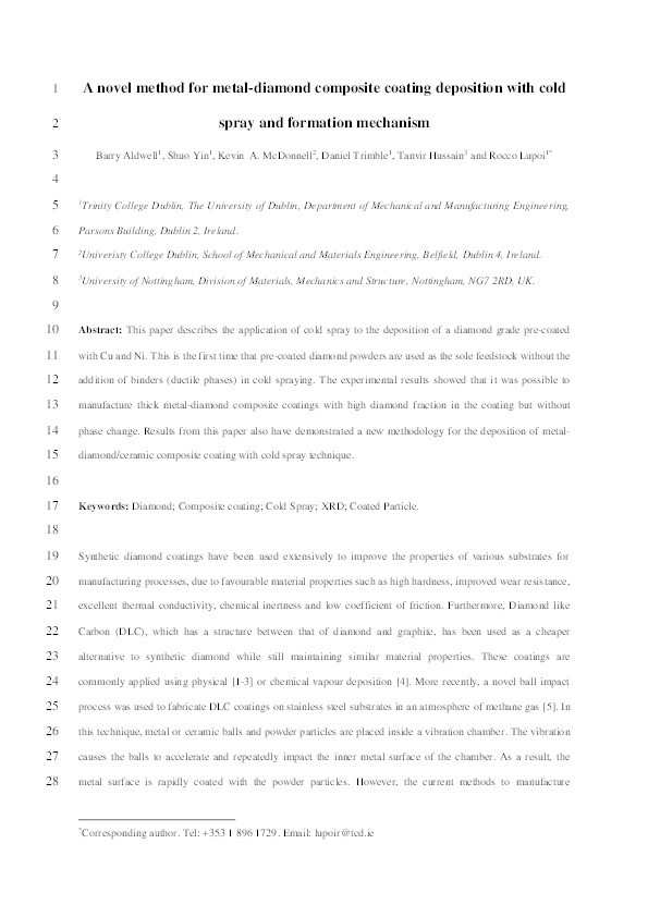 A novel method for metal–diamond composite coating deposition with cold spray and formation mechanism Thumbnail
