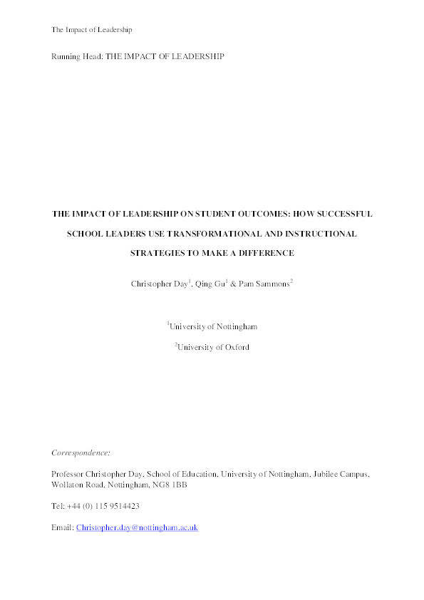 The impact of leadership on student outcomes: how successful school leaders use transformational and instructional strategies to make a difference Thumbnail