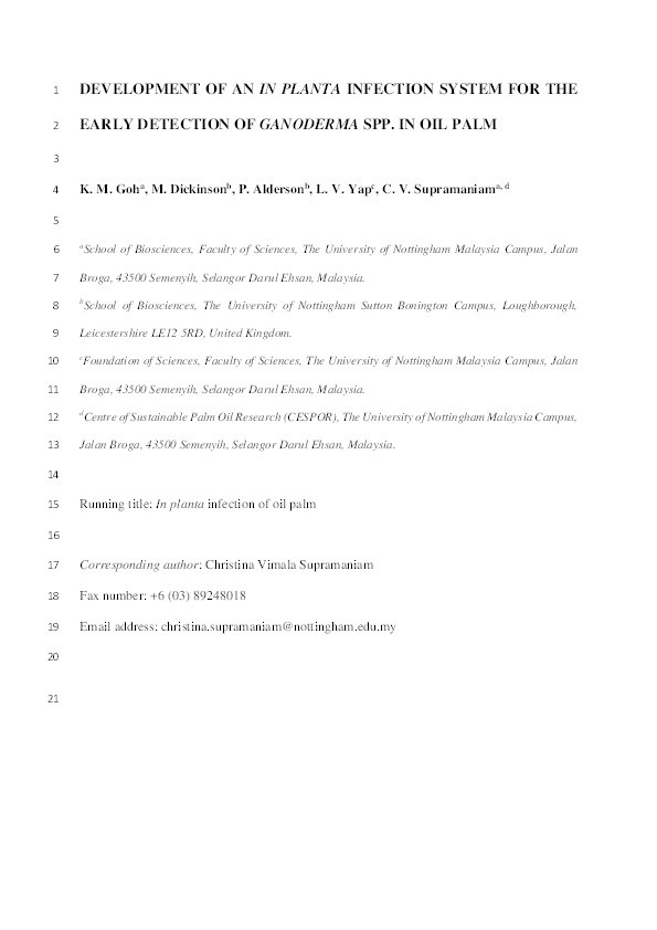 Development of an in planta infection system for the early detection of Ganoderma spp. in oil palm Thumbnail