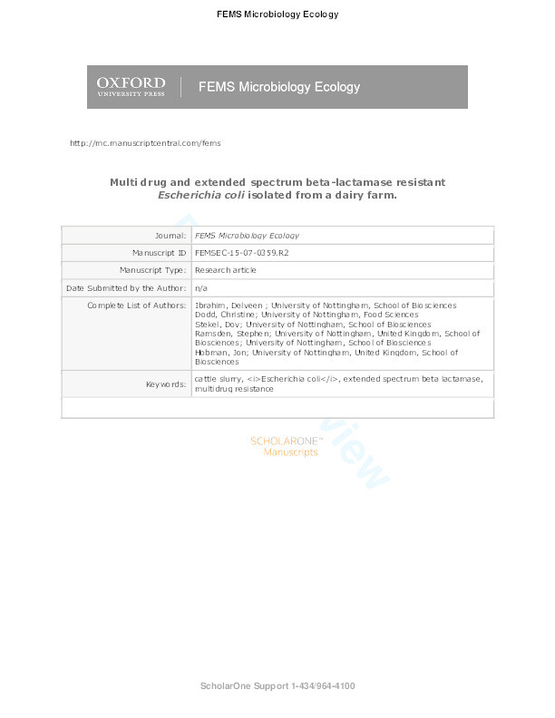 Multidrug resistant, extended spectrum β-lactamase (ESBL)-producing Escherichia coli isolated from a dairy farm Thumbnail