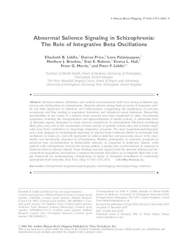 Abnormal salience signaling in schizophrenia: The role of integrative beta oscillations: Salience Signaling in Schizophrenia Thumbnail