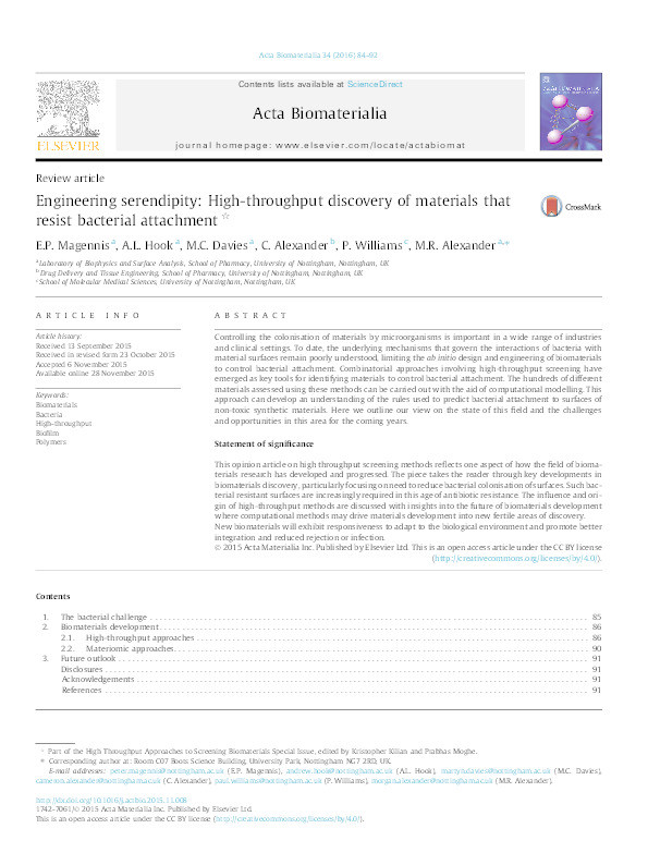 Engineering serendipity: High-throughput discovery of materials that resist bacterial attachment Thumbnail