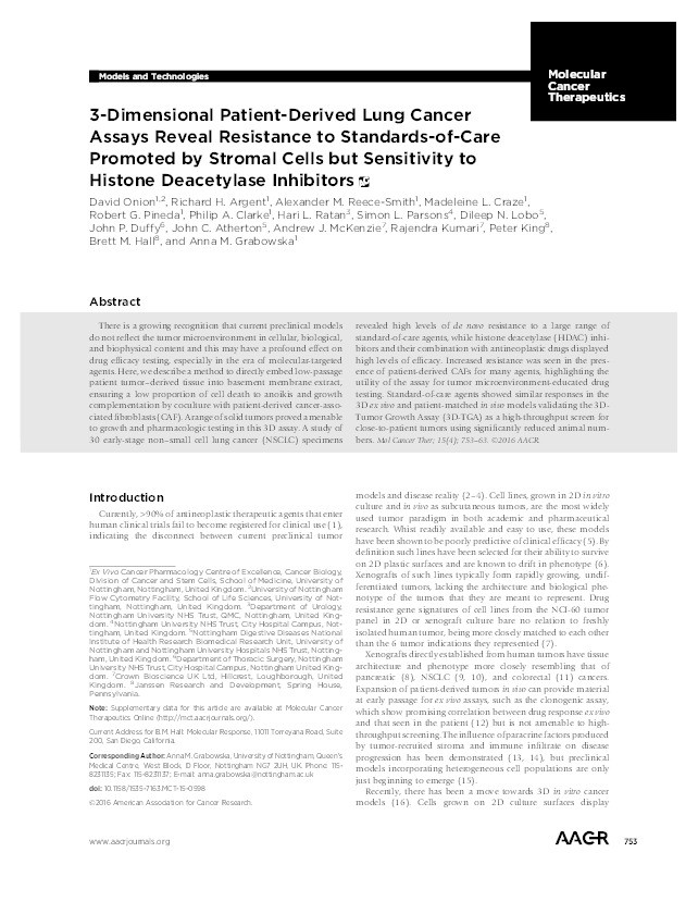 3-dimensional patient-derived lung cancer assays reveal resistance to standards-of-care promoted by stromal cells but sensitivity to histone deacetylase inhibitors Thumbnail