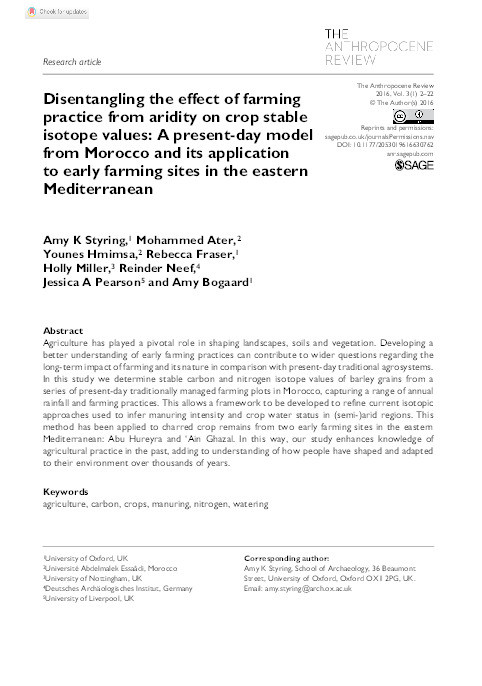 Disentangling the effect of farming practice and aridity on crop stable isotope values: a present-day model from Morocco and its application to early farming sites in the eastern Mediterranean Thumbnail