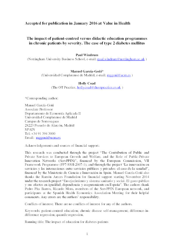 The impact of patient-centred versus didactic education programmes in chronic patients by severity: the case of type 2 diabetes mellitus Thumbnail