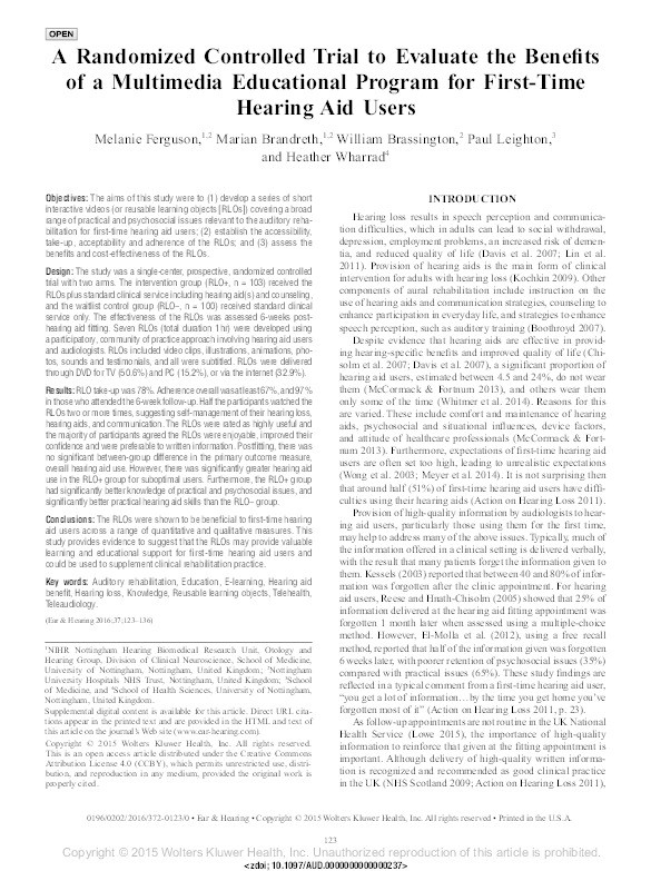 A randomized controlled trial to evaluate the benefits of a multimedia educational program for first-time hearing aid users Thumbnail