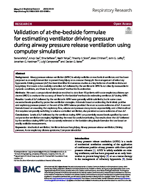 Validation of at-the-bedside formulae for estimating ventilator driving pressure during airway pressure release ventilation using computer simulation Thumbnail