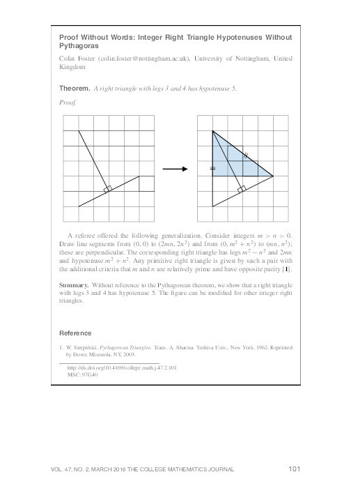 Proof without words: integer right triangle hypotenuses without Pythagoras Thumbnail