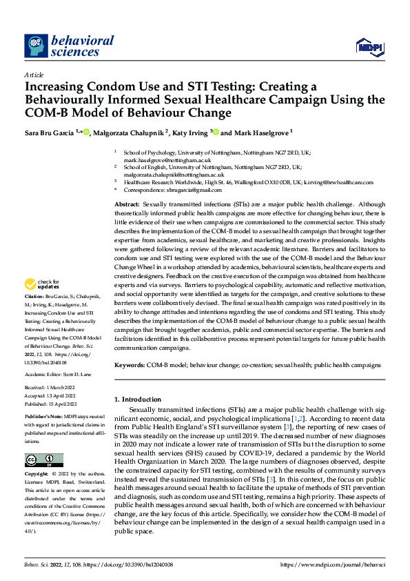 Increasing Condom Use and STI Testing: Creating a Behaviourally Informed Sexual Healthcare Campaign Using the COM-B Model of Behaviour Change Thumbnail