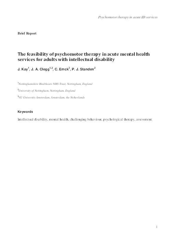 The feasibility of psychomotor therapy in acute mental health services for adults with intellectual disability Thumbnail