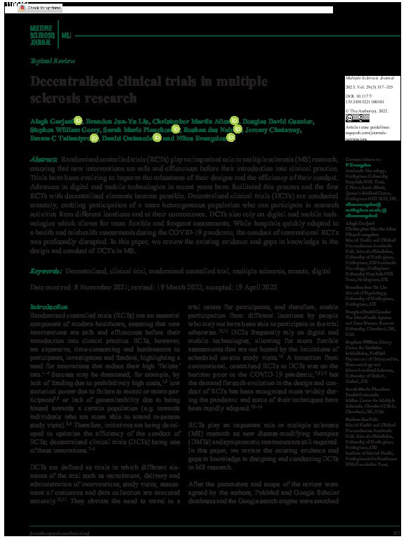 Decentralised clinical trials in multiple sclerosis research Thumbnail